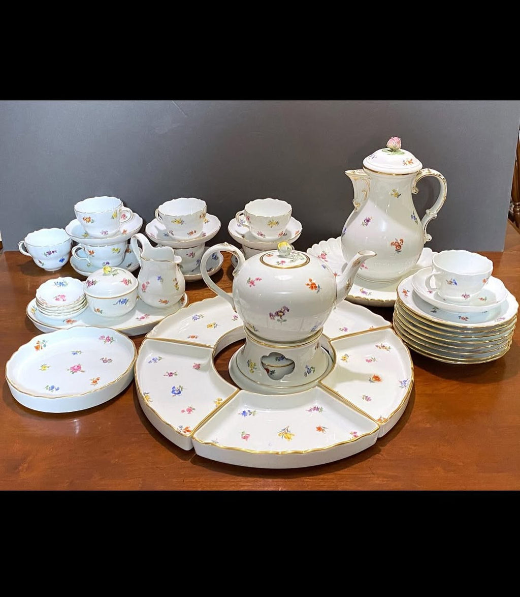 MEISSEN “Scattered Flowers” gold rim tea & coffee service, tea and coffee pot, cups, Pot Warmer, serving dish, snack plates