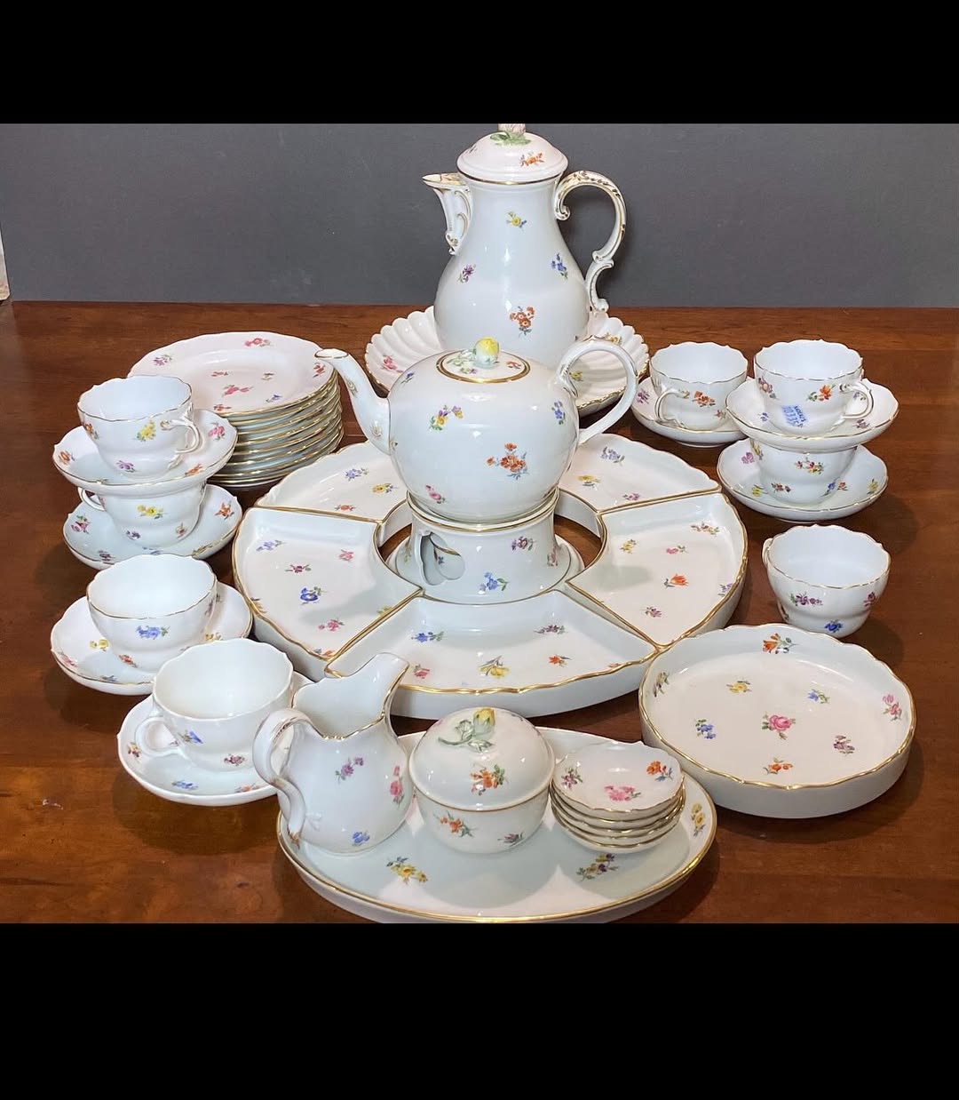 MEISSEN “Scattered Flowers” gold rim tea & coffee service, tea and coffee pot, cups, Pot Warmer, serving dish, snack plates