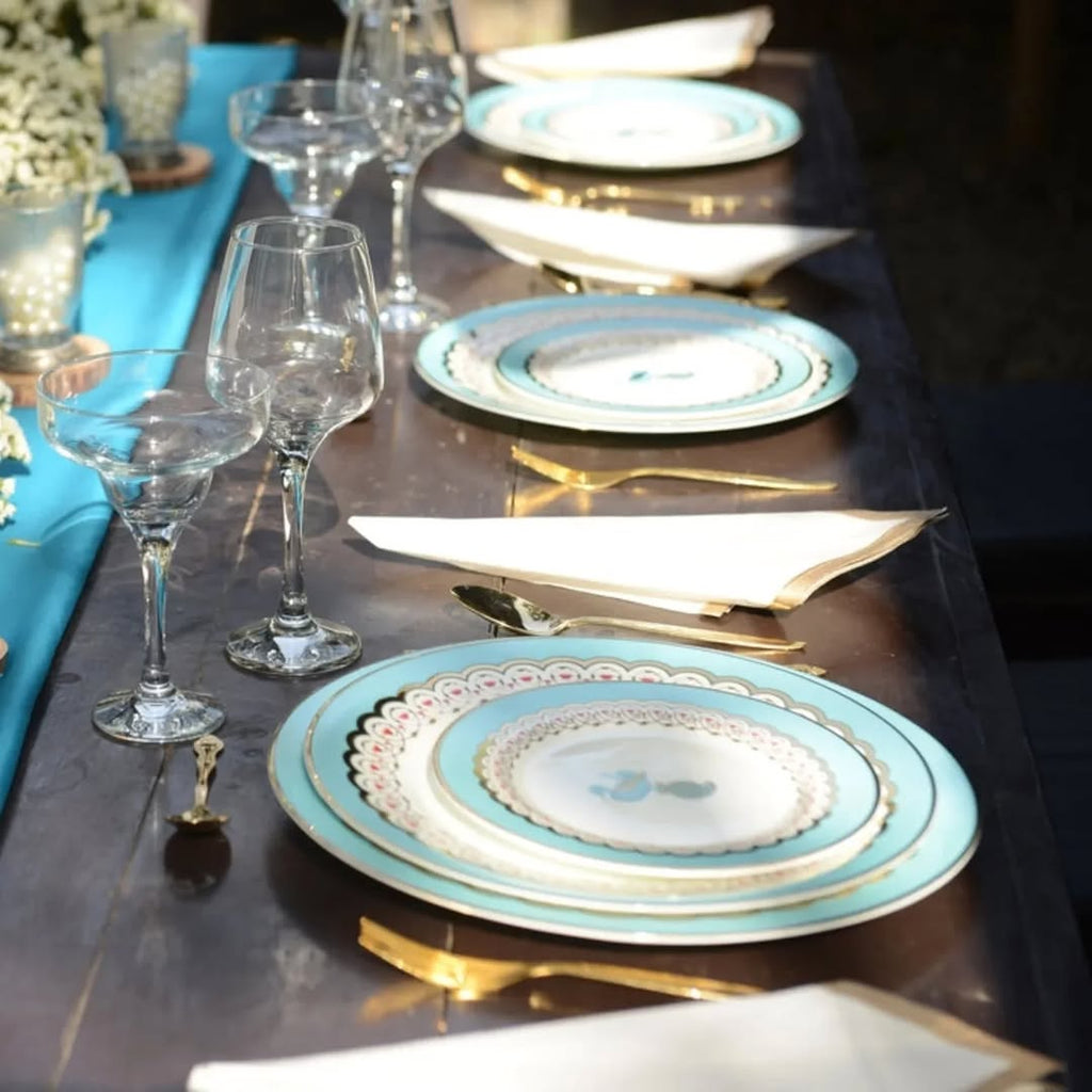 12 Dinner Plates, 12 Side Plates, 12 Dip Bowls, and 2 Serving Bowls