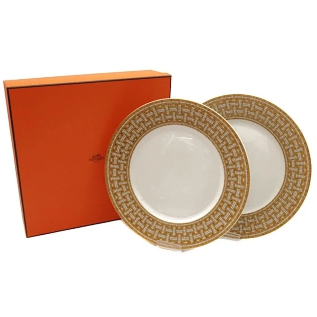 Hermes Dinner Plate Mosaique Au 24 Gold Dish Tableware 2 set Auth New Box 27.5 cm