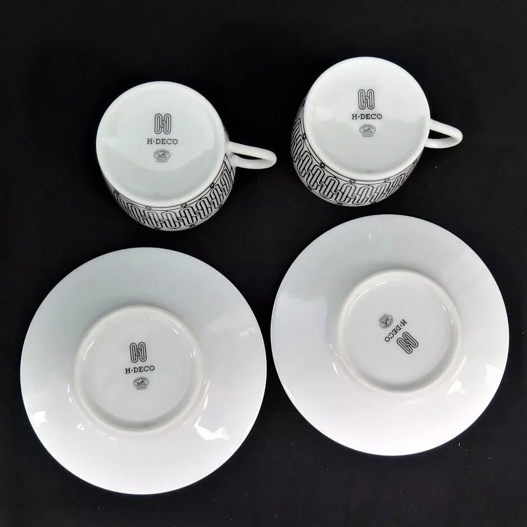 HERMES H Deco Ash Deco Teacup Pair Cup & Saucer With HERMES Private Box Never used with original packing ( not sealed)