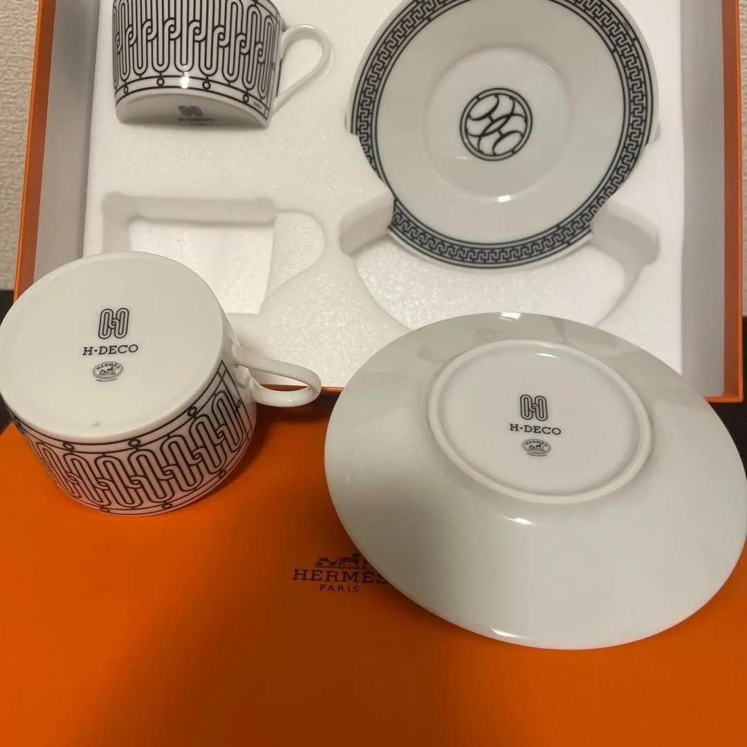 HERMES H Deco Ash Deco Teacup Pair Cup & Saucer With HERMES Private Box Never used with original packing ( not sealed)