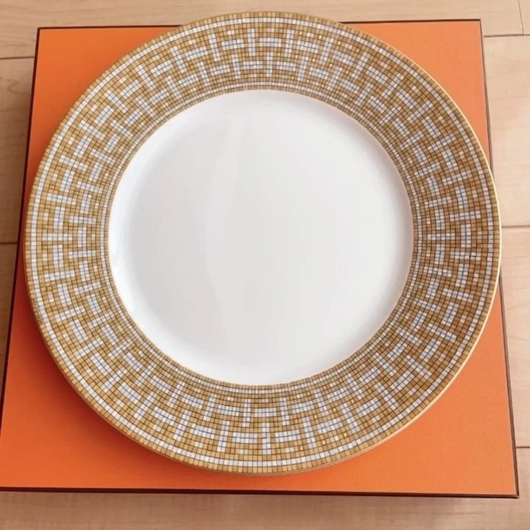 Hermes Dinner Plate Mosaique Au 24 Gold Dish Tableware 2 set Auth New Box 27.5 cm